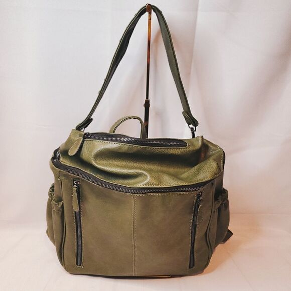 ROULENS Army Green Faux Leather Backpack Shoulder Bag - Picture 1 of 11